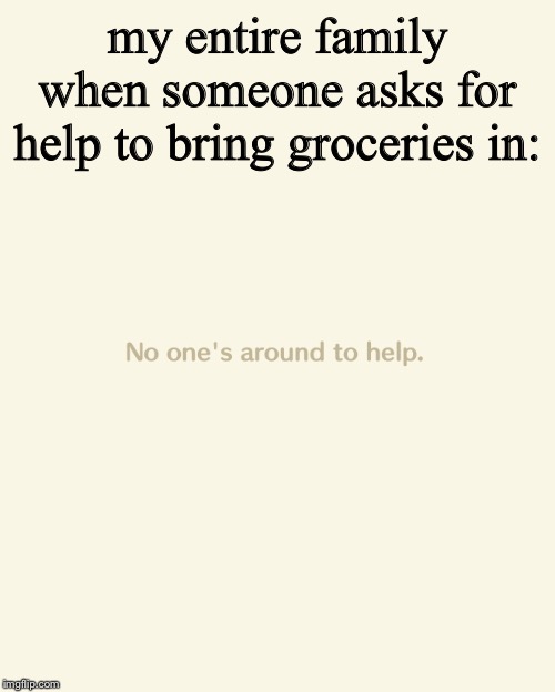 bringing in groceries be like | my entire family when someone asks for help to bring groceries in: | image tagged in oof,relatable | made w/ Imgflip meme maker