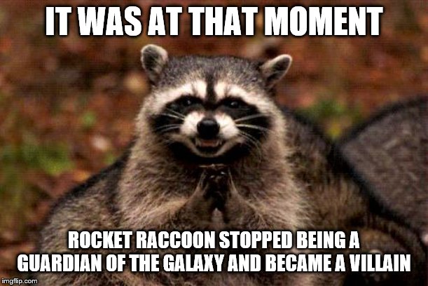 Evil Plotting Raccoon Meme | IT WAS AT THAT MOMENT; ROCKET RACCOON STOPPED BEING A GUARDIAN OF THE GALAXY AND BECAME A VILLAIN | image tagged in memes,evil plotting raccoon | made w/ Imgflip meme maker