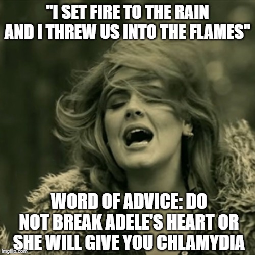 Caution with Adele | "I SET FIRE TO THE RAIN
AND I THREW US INTO THE FLAMES"; WORD OF ADVICE: DO NOT BREAK ADELE'S HEART OR SHE WILL GIVE YOU CHLAMYDIA | image tagged in adele | made w/ Imgflip meme maker