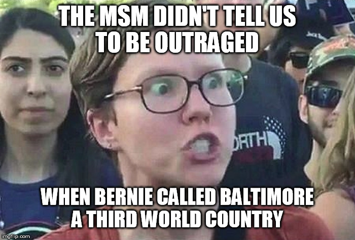 Triggered Liberal | THE MSM DIDN'T TELL US
TO BE OUTRAGED WHEN BERNIE CALLED BALTIMORE 
A THIRD WORLD COUNTRY | image tagged in triggered liberal | made w/ Imgflip meme maker