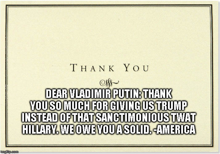 Thanks Vlad | DEAR VLADIMIR PUTIN: THANK YOU SO MUCH FOR GIVING US TRUMP INSTEAD OF THAT SANCTIMONIOUS TWAT HILLARY. WE OWE YOU A SOLID. -AMERICA | image tagged in donald trump,twatlary clinton | made w/ Imgflip meme maker