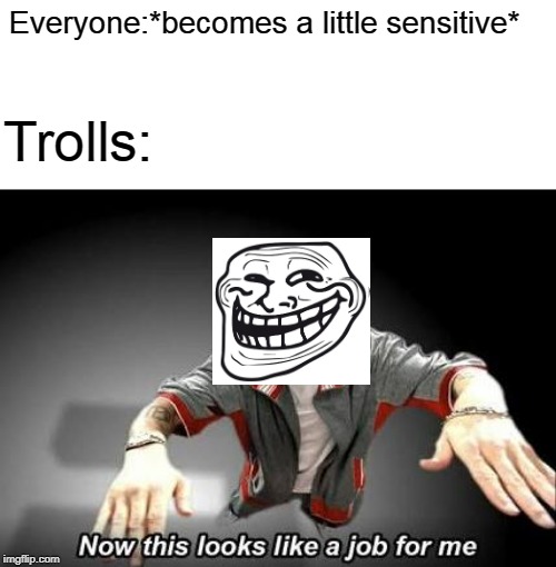 Now this looks like a job for me | Everyone:*becomes a little sensitive*; Trolls: | image tagged in now this looks like a job for me,memes,internet trolls,politics,funny | made w/ Imgflip meme maker