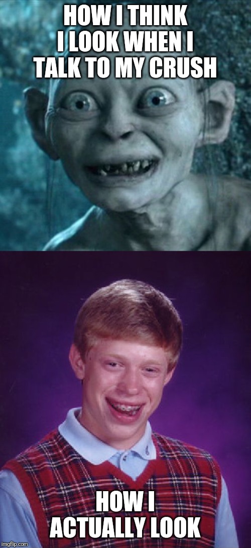 HOW I THINK I LOOK WHEN I TALK TO MY CRUSH; HOW I ACTUALLY LOOK | image tagged in memes,bad luck brian,gollum | made w/ Imgflip meme maker