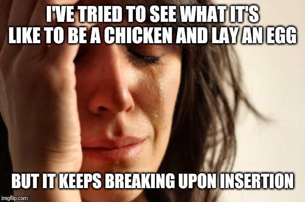First World Problems Meme | I'VE TRIED TO SEE WHAT IT'S LIKE TO BE A CHICKEN AND LAY AN EGG; BUT IT KEEPS BREAKING UPON INSERTION | image tagged in memes,first world problems | made w/ Imgflip meme maker
