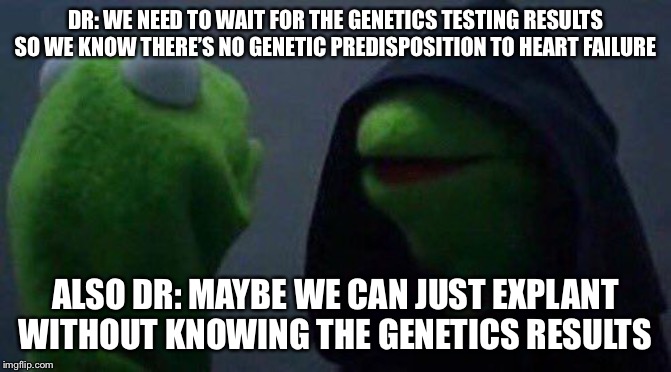 kermit me to me | DR: WE NEED TO WAIT FOR THE GENETICS TESTING RESULTS SO WE KNOW THERE’S NO GENETIC PREDISPOSITION TO HEART FAILURE; ALSO DR: MAYBE WE CAN JUST EXPLANT WITHOUT KNOWING THE GENETICS RESULTS | image tagged in kermit me to me,heart,failure,terminal,recovery,survive | made w/ Imgflip meme maker