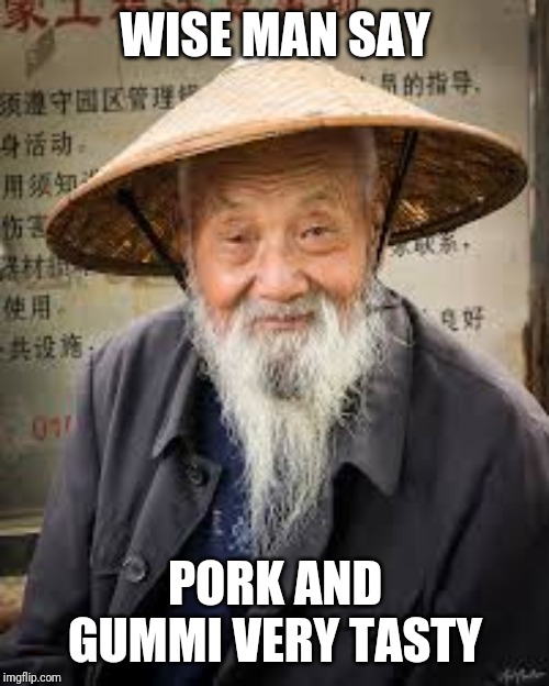 china man | WISE MAN SAY PORK AND GUMMI VERY TASTY | image tagged in china man | made w/ Imgflip meme maker