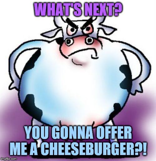 Angry mad cow | WHAT'S NEXT? YOU GONNA OFFER ME A CHEESEBURGER?! | image tagged in angry mad cow | made w/ Imgflip meme maker
