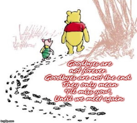 pooh and piglet | Goodbyes are not forever. 
Goodbyes are not the end. 
They only mean "I'll miss you", 
Until we meet again. | image tagged in pooh and piglet | made w/ Imgflip meme maker