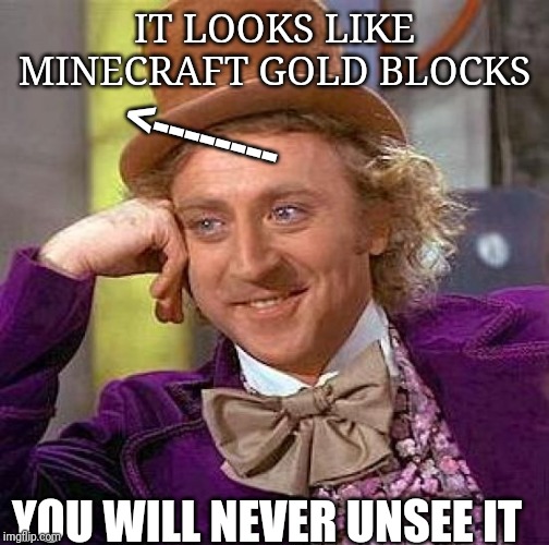 Creepy Condescending Wonka Meme | IT LOOKS LIKE MINECRAFT GOLD BLOCKS; <--------; YOU WILL NEVER UNSEE IT | image tagged in memes,creepy condescending wonka | made w/ Imgflip meme maker