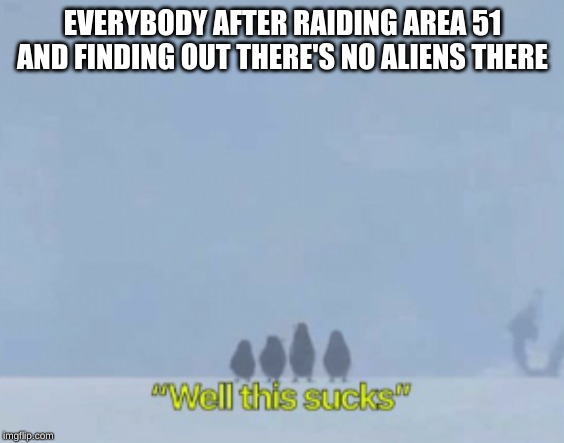area 51 raid | EVERYBODY AFTER RAIDING AREA 51 AND FINDING OUT THERE'S NO ALIENS THERE | image tagged in storm area 51,memes,madagascar,penguins,dank memes,aliens | made w/ Imgflip meme maker