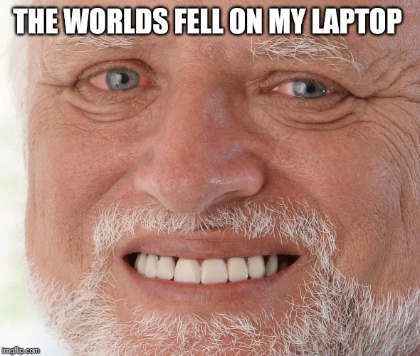 Hide the Pain Harold | THE WORLDS FELL ON MY LAPTOP | image tagged in hide the pain harold | made w/ Imgflip meme maker