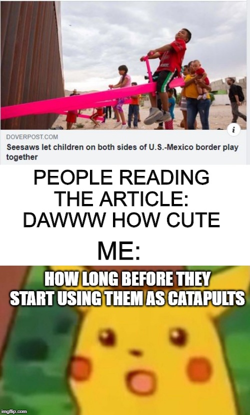 Meanwhile, at the border... | PEOPLE READING THE ARTICLE: DAWWW HOW CUTE; ME:; HOW LONG BEFORE THEY START USING THEM AS CATAPULTS | image tagged in memes,surprised pikachu | made w/ Imgflip meme maker