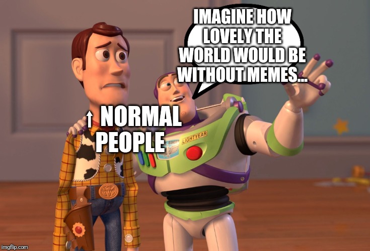 X, X Everywhere Meme | IMAGINE HOW LOVELY THE WORLD WOULD BE WITHOUT MEMES... ⬆ NORMAL PEOPLE | image tagged in x x everywhere,memes,toy story,buzz,woody,buzz and woody | made w/ Imgflip meme maker