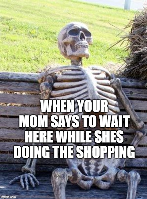 Waiting Skeleton Meme | WHEN YOUR MOM SAYS TO WAIT HERE WHILE SHES DOING THE SHOPPING | image tagged in memes,waiting skeleton | made w/ Imgflip meme maker