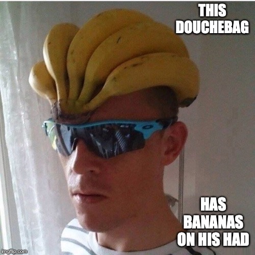 Banana Douchebag | THIS DOUCHEBAG; HAS BANANAS ON HIS HAD | image tagged in banana,douchebag,memes | made w/ Imgflip meme maker