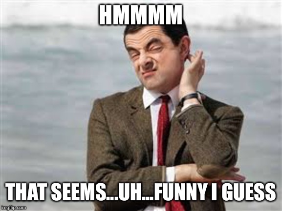 Mr Bean Sarcastic | HMMMM THAT SEEMS...UH...FUNNY I GUESS | image tagged in mr bean sarcastic | made w/ Imgflip meme maker