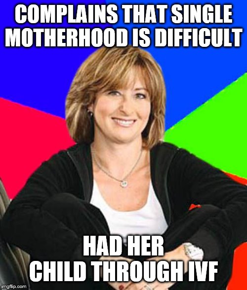 Sheltering Suburban Mom | COMPLAINS THAT SINGLE MOTHERHOOD IS DIFFICULT; HAD HER CHILD THROUGH IVF | image tagged in memes,sheltering suburban mom,birth | made w/ Imgflip meme maker