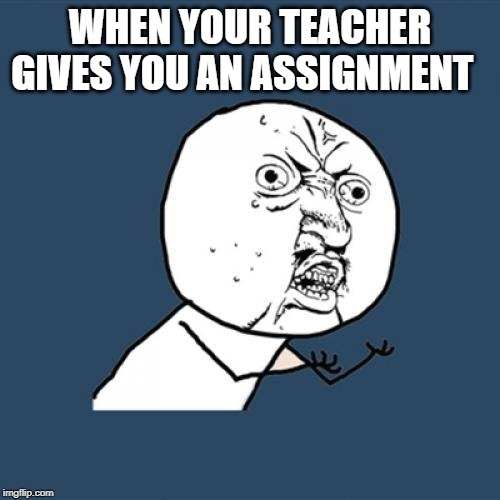 Y U No | WHEN YOUR TEACHER GIVES YOU AN ASSIGNMENT | image tagged in memes,y u no | made w/ Imgflip meme maker