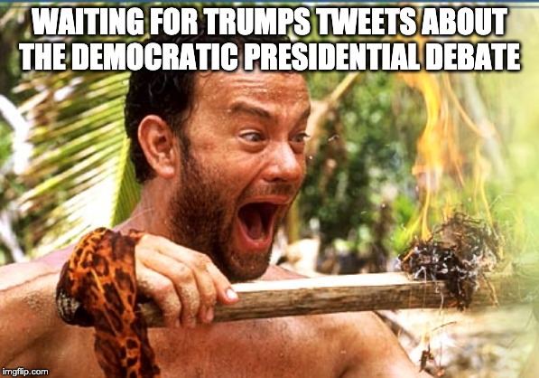 Watching the democrats burn themselves to the ground | WAITING FOR TRUMPS TWEETS ABOUT THE DEMOCRATIC PRESIDENTIAL DEBATE | image tagged in castaway fire,letsgetwordy,donald trump,democrats,fail,presidential debate | made w/ Imgflip meme maker