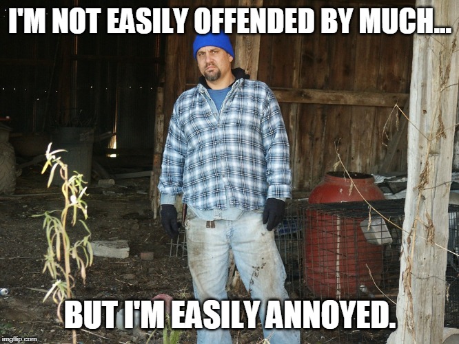 angry farmer | I'M NOT EASILY OFFENDED BY MUCH... BUT I'M EASILY ANNOYED. | image tagged in angry farmer | made w/ Imgflip meme maker