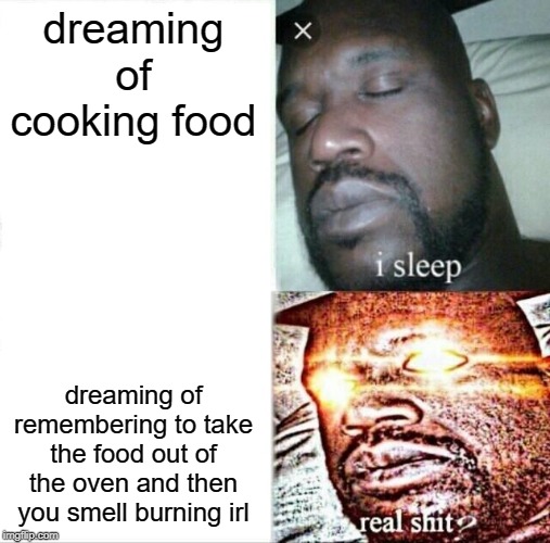 Sleeping Shaq Meme | dreaming of cooking food; dreaming of remembering to take the food out of the oven and then you smell burning irl | image tagged in memes,sleeping shaq | made w/ Imgflip meme maker