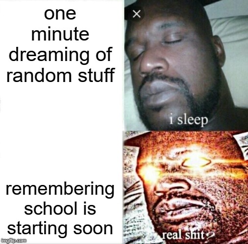 Sleeping Shaq | one minute dreaming of random stuff; remembering school is starting soon | image tagged in memes,sleeping shaq | made w/ Imgflip meme maker