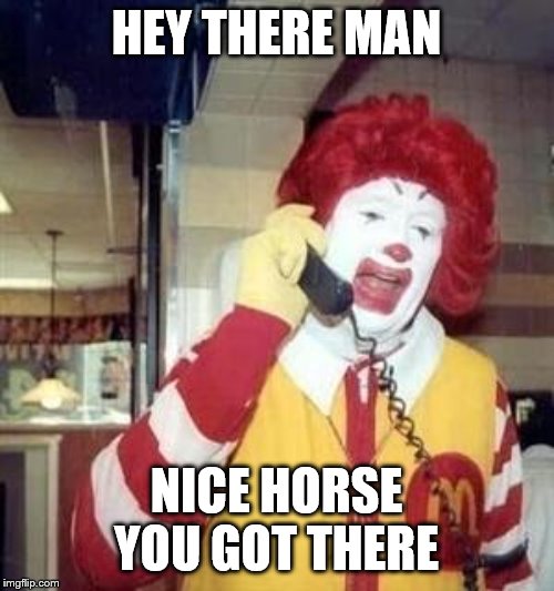 Ronald McDonald Temp | HEY THERE MAN NICE HORSE YOU GOT THERE | image tagged in ronald mcdonald temp | made w/ Imgflip meme maker