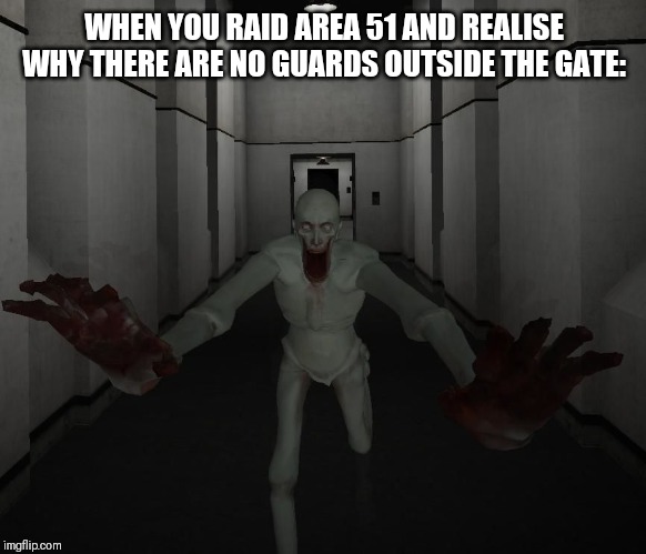 SCP 096 | WHEN YOU RAID AREA 51 AND REALISE WHY THERE ARE NO GUARDS OUTSIDE THE GATE: | image tagged in scp 096 | made w/ Imgflip meme maker