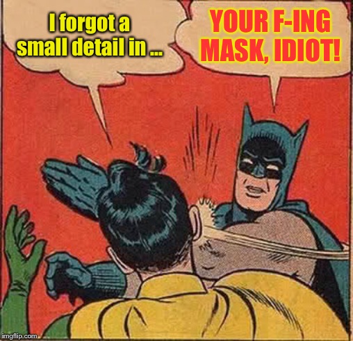 Batman Slapping Robin Meme | I forgot a small detail in ... YOUR F-ING MASK, IDIOT! | image tagged in memes,batman slapping robin | made w/ Imgflip meme maker