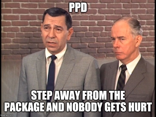 Dragnet | PPD; STEP AWAY FROM THE PACKAGE AND NOBODY GETS HURT | image tagged in dragnet | made w/ Imgflip meme maker