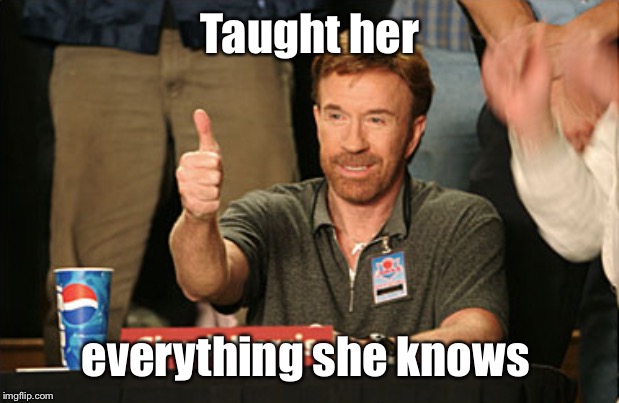 Chuck Norris Approves Meme | Taught her everything she knows | image tagged in memes,chuck norris approves,chuck norris | made w/ Imgflip meme maker