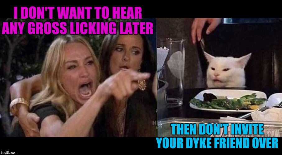 woman yelling at cat | I DON'T WANT TO HEAR ANY GROSS LICKING LATER; THEN DON'T INVITE YOUR DYKE FRIEND OVER | image tagged in woman yelling at cat | made w/ Imgflip meme maker