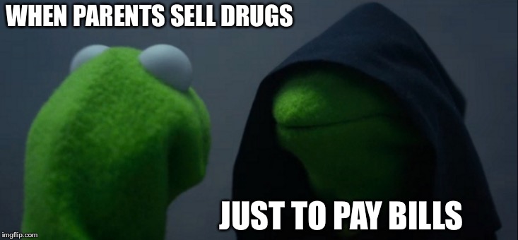 Evil Kermit Meme | WHEN PARENTS SELL DRUGS; JUST TO PAY BILLS | image tagged in memes,evil kermit | made w/ Imgflip meme maker