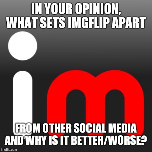 I love this place | IN YOUR OPINION, WHAT SETS IMGFLIP APART; FROM OTHER SOCIAL MEDIA AND WHY IS IT BETTER/WORSE? | image tagged in imgflip,think tank | made w/ Imgflip meme maker