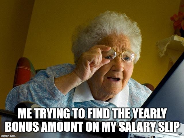 Grandma Finds The Internet Meme | ME TRYING TO FIND THE YEARLY BONUS AMOUNT ON MY SALARY SLIP | image tagged in memes,grandma finds the internet | made w/ Imgflip meme maker