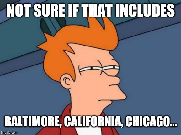 Futurama Fry Meme | NOT SURE IF THAT INCLUDES BALTIMORE, CALIFORNIA, CHICAGO... | image tagged in memes,futurama fry | made w/ Imgflip meme maker