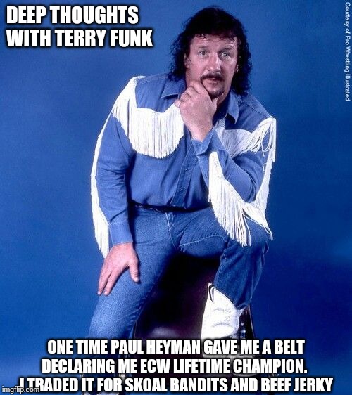 DEEP THOUGHTS WITH TERRY FUNK; ONE TIME PAUL HEYMAN GAVE ME A BELT DECLARING ME ECW LIFETIME CHAMPION.  I TRADED IT FOR SKOAL BANDITS AND BEEF JERKY | made w/ Imgflip meme maker