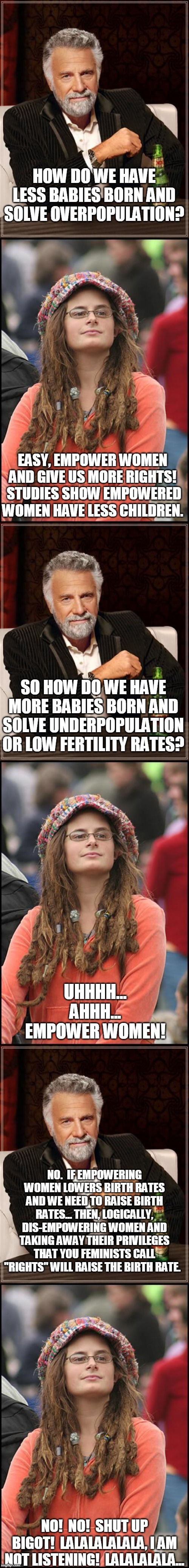 How to fix population problems. | HOW DO WE HAVE LESS BABIES BORN AND SOLVE OVERPOPULATION? EASY, EMPOWER WOMEN AND GIVE US MORE RIGHTS!  STUDIES SHOW EMPOWERED WOMEN HAVE LESS CHILDREN. SO HOW DO WE HAVE MORE BABIES BORN AND SOLVE UNDERPOPULATION OR LOW FERTILITY RATES? UHHHH... AHHH... EMPOWER WOMEN! NO.  IF EMPOWERING WOMEN LOWERS BIRTH RATES AND WE NEED TO RAISE BIRTH RATES... THEN, LOGICALLY, DIS-EMPOWERING WOMEN AND TAKING AWAY THEIR PRIVILEGES THAT YOU FEMINISTS CALL "RIGHTS" WILL RAISE THE BIRTH RATE. NO!  NO!  SHUT UP BIGOT!  LALALALALALA, I AM NOT LISTENING!  LALALALALA... | image tagged in memes,the most interesting man in the world,college liberal,anti-feminism,population,birth | made w/ Imgflip meme maker