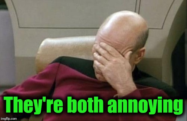 Captain Picard Facepalm Meme | They're both annoying | image tagged in memes,captain picard facepalm | made w/ Imgflip meme maker