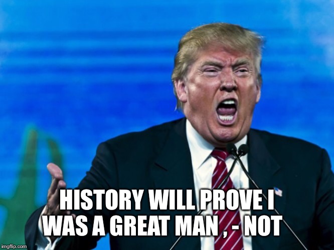 trump yelling | HISTORY WILL PROVE I WAS A GREAT MAN , - NOT | image tagged in trump yelling | made w/ Imgflip meme maker