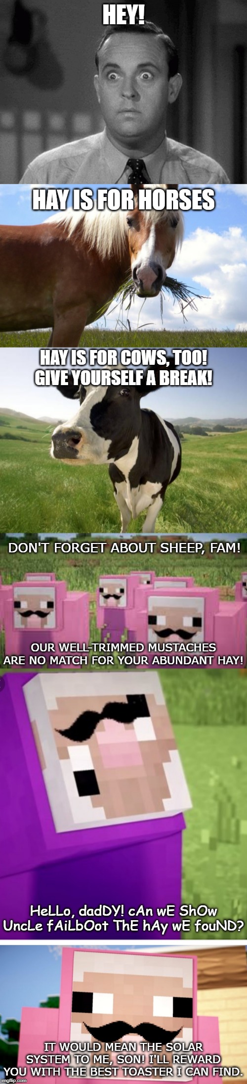 Hay is for ah forget it i'm outta here | HEY! HAY IS FOR HORSES; HAY IS FOR COWS, TOO! GIVE YOURSELF A BREAK! DON'T FORGET ABOUT SHEEP, FAM! OUR WELL-TRIMMED MUSTACHES ARE NO MATCH FOR YOUR ABUNDANT HAY! HeLLo, dadDY! cAn wE ShOw UncLe fAiLbOot ThE hAy wE fouND? IT WOULD MEAN THE SOLAR SYSTEM TO ME, SON! I'LL REWARD YOU WITH THE BEST TOASTER I CAN FIND. | image tagged in shocked face,horse eating,cow,pink sheep,purple shep,puns | made w/ Imgflip meme maker