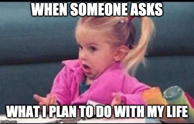 Confused michelle | WHEN SOMEONE ASKS; WHAT I PLAN TO DO WITH MY LIFE | image tagged in confused michelle | made w/ Imgflip meme maker