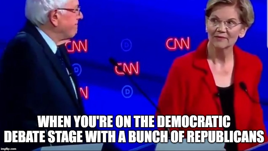 That look you give your BFF | WHEN YOU'RE ON THE DEMOCRATIC DEBATE STAGE WITH A BUNCH OF REPUBLICANS | image tagged in democrat debate,elizabeth warren,bernie sanders | made w/ Imgflip meme maker