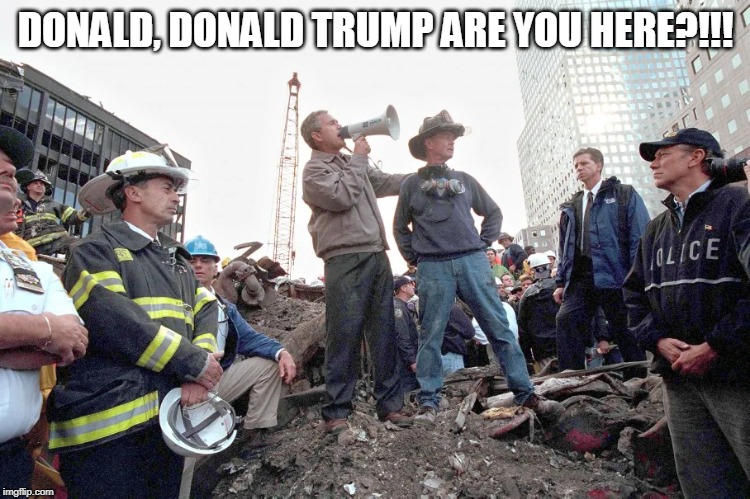 Donald, Donald Trump are you here?!!! | DONALD, DONALD TRUMP ARE YOU HERE?!!! | image tagged in 9/11,trump,ground zero,lies | made w/ Imgflip meme maker