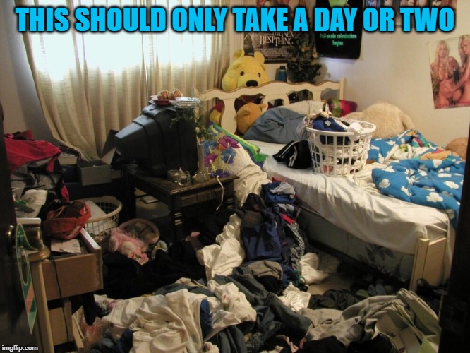 Messy Room | THIS SHOULD ONLY TAKE A DAY OR TWO | image tagged in messy room | made w/ Imgflip meme maker