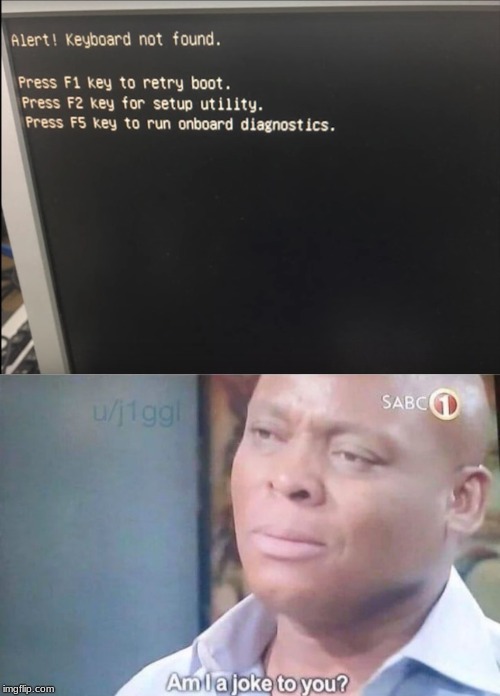 "The only command key working is F0 though!" | image tagged in am i a joke to you,computer,fail,technology,memes,funny | made w/ Imgflip meme maker