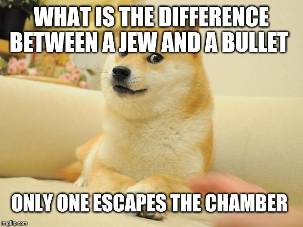 Courtesy of my friend lol.... | WHAT IS THE DIFFERENCE BETWEEN A JEW AND A BULLET; ONLY ONE ESCAPES THE CHAMBER | image tagged in memes,doge 2 | made w/ Imgflip meme maker