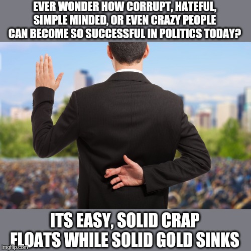 The lousy politicians we seem to have today... | EVER WONDER HOW CORRUPT, HATEFUL, SIMPLE MINDED, OR EVEN CRAZY PEOPLE CAN BECOME SO SUCCESSFUL IN POLITICS TODAY? ITS EASY, SOLID CRAP FLOATS WHILE SOLID GOLD SINKS | image tagged in corrupt politicians | made w/ Imgflip meme maker