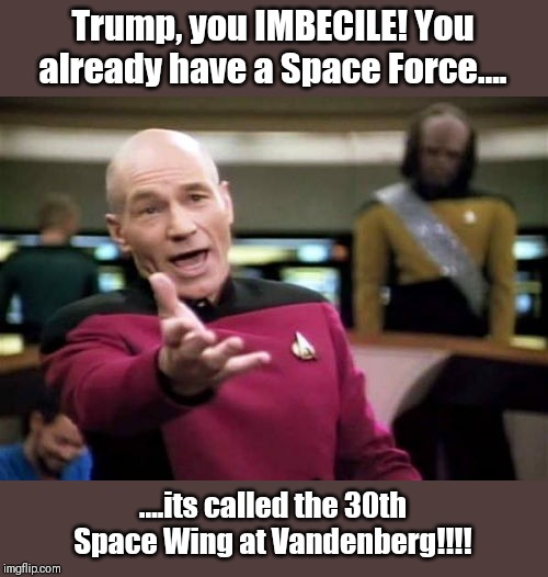 Picard Wtf Meme | Trump, you IMBECILE! You already have a Space Force.... ....its called the 30th Space Wing at Vandenberg!!!! | image tagged in memes,picard wtf | made w/ Imgflip meme maker