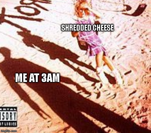 SHREDDED CHEESE; ME AT 3AM | image tagged in relatable | made w/ Imgflip meme maker